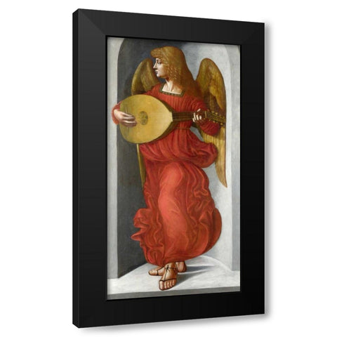 An Angel in Red with a Lute Black Modern Wood Framed Art Print with Double Matting by After Leonardo da Vinci