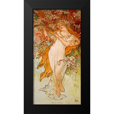 Printemps Black Modern Wood Framed Art Print by Mucha, Alphonse