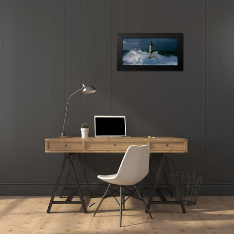Phare d Ar-Men lors d une tempete Black Modern Wood Framed Art Print by Guichard, Jean