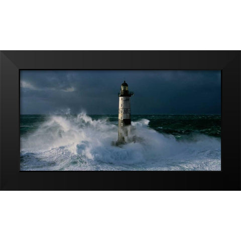 Phare d Ar-Men lors d une tempete Black Modern Wood Framed Art Print by Guichard, Jean