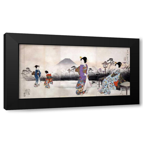 Japonaises en promenade devant le mont Fuji Black Modern Wood Framed Art Print with Double Matting by Toyohara