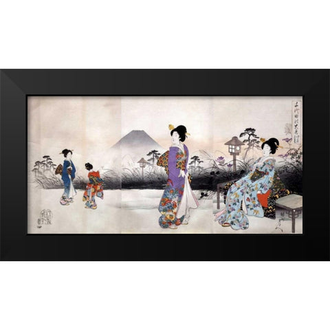 Japonaises en promenade devant le mont Fuji Black Modern Wood Framed Art Print by Toyohara