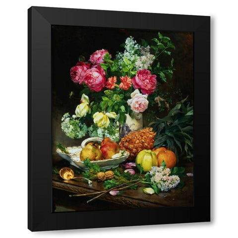 Painting of Roses in a Vase, Pears in a Porcelain Bowl Black Modern Wood Framed Art Print by Anonymous
