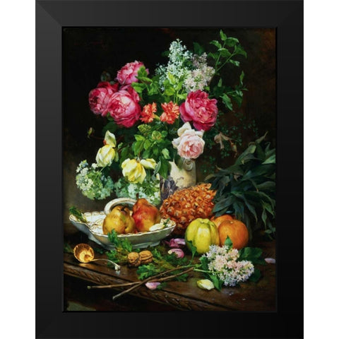 Painting of Roses in a Vase, Pears in a Porcelain Bowl Black Modern Wood Framed Art Print by Anonymous