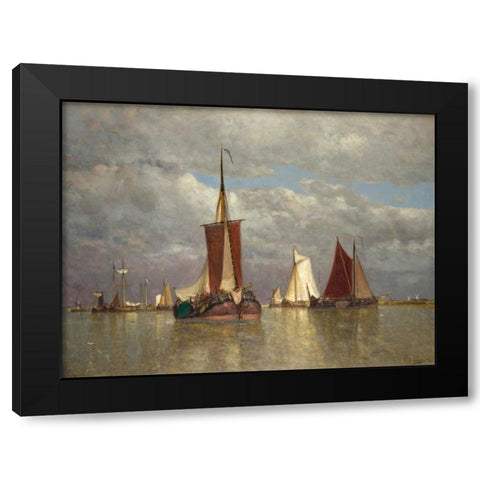 Ships lying near Dordrecht Black Modern Wood Framed Art Print with Double Matting by Clays, Paul Jean