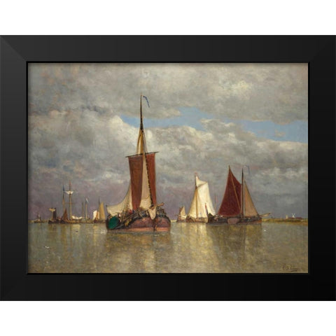 Ships lying near Dordrecht Black Modern Wood Framed Art Print by Clays, Paul Jean