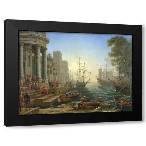 Seaport with the embarkation of Saint Ursula Black Modern Wood Framed Art Print with Double Matting by Gellee, Claude