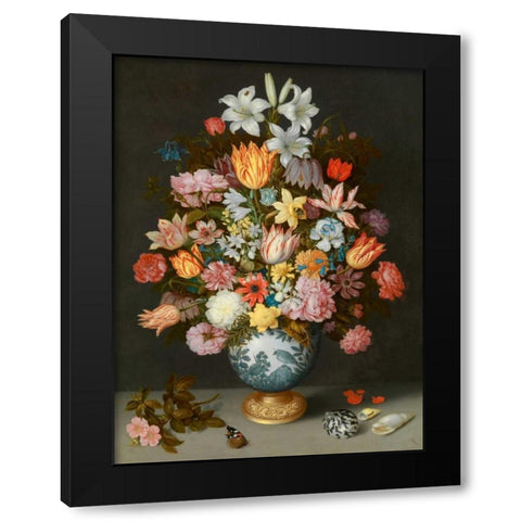 A still life of flowers in a Wan-Li Vase Black Modern Wood Framed Art Print by Bosschaert the Elder, Ambrosius