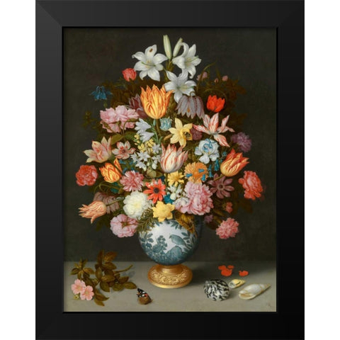 A still life of flowers in a Wan-Li Vase Black Modern Wood Framed Art Print by Bosschaert the Elder, Ambrosius