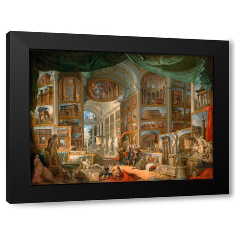 Galleria con vedute di Roma antica Black Modern Wood Framed Art Print with Double Matting by Panini, Giovanni Paolo