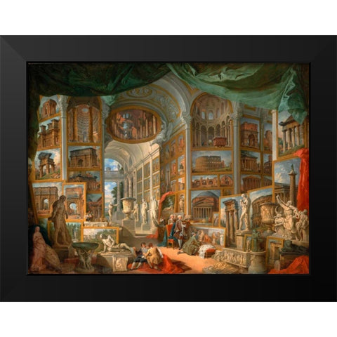 Galleria con vedute di Roma antica Black Modern Wood Framed Art Print by Panini, Giovanni Paolo