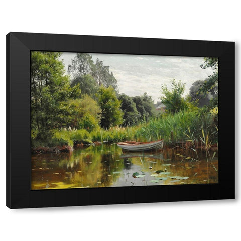A forest lake with a rowboat Black Modern Wood Framed Art Print by Monsted, Peder Mork