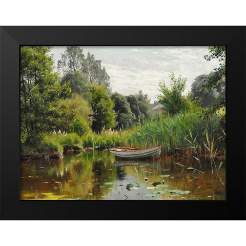 A forest lake with a rowboat Black Modern Wood Framed Art Print by Monsted, Peder Mork