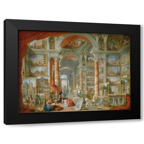 Galleria con vedute di Roma antica Black Modern Wood Framed Art Print by Panini, Giovanni Paolo
