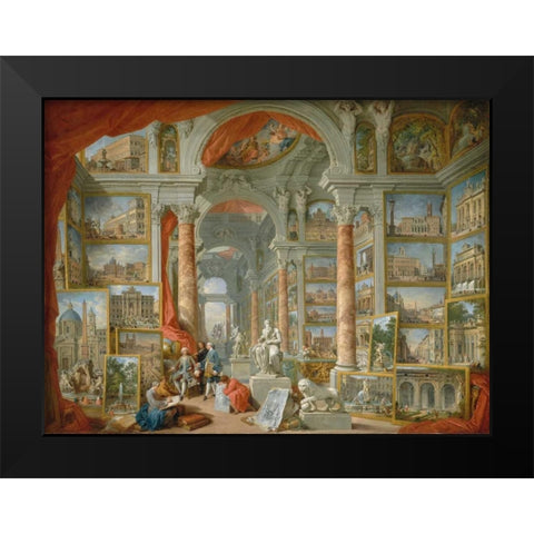 Galleria con vedute di Roma antica Black Modern Wood Framed Art Print by Panini, Giovanni Paolo