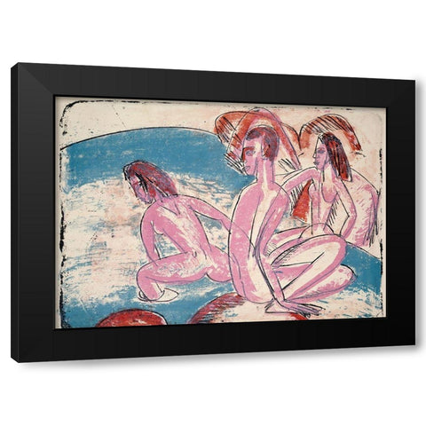 Three Bathers by Stones Black Modern Wood Framed Art Print by Kirchner, Ernst Ludwig