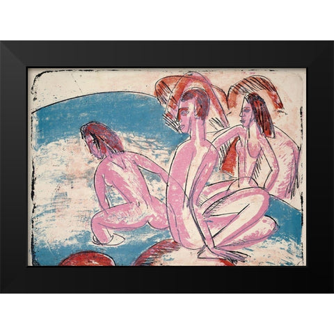 Three Bathers by Stones Black Modern Wood Framed Art Print by Kirchner, Ernst Ludwig
