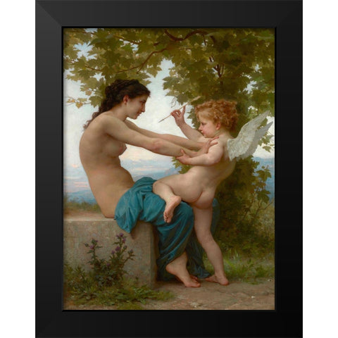 A Young Girl Defending Herself against Eros Black Modern Wood Framed Art Print by Bouguereau, William-Adolphe