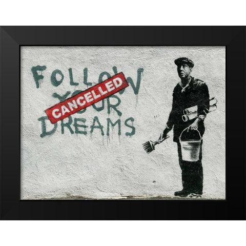 Essex Street Boston-graffiti attributed to Banksy Black Modern Wood Framed Art Print by Anonymous
