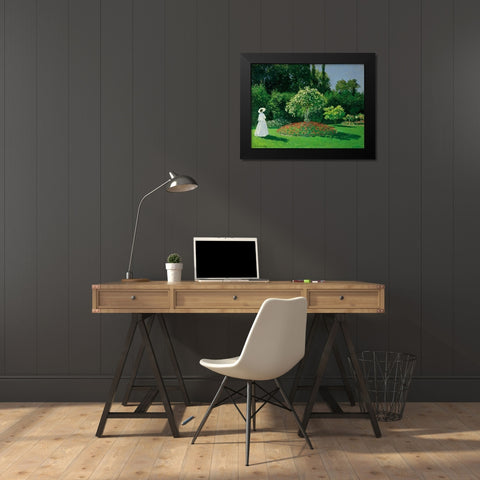Young Woman in a Garden Black Modern Wood Framed Art Print by Monet, Claude