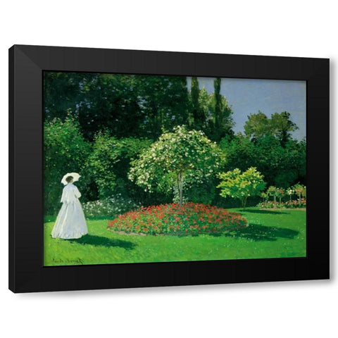 Young Woman in a Garden Black Modern Wood Framed Art Print by Monet, Claude