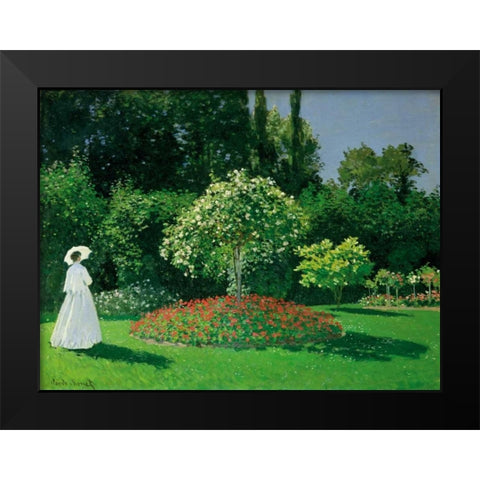 Young Woman in a Garden Black Modern Wood Framed Art Print by Monet, Claude
