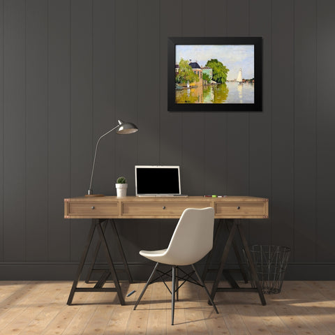 Houses on the Achterzaan Black Modern Wood Framed Art Print by Monet, Claude
