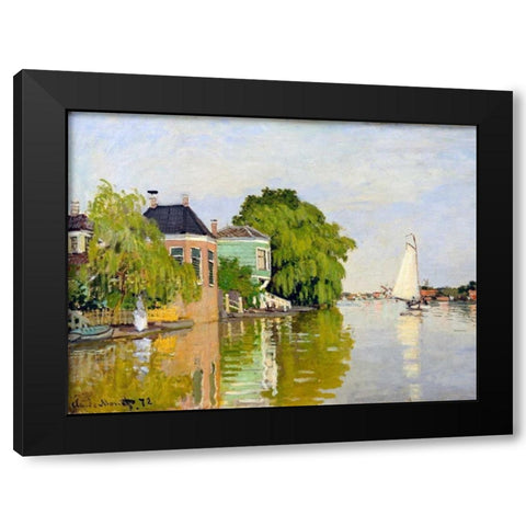 Houses on the Achterzaan Black Modern Wood Framed Art Print by Monet, Claude