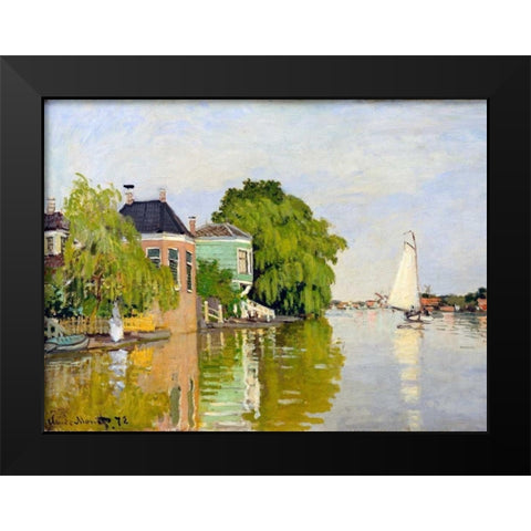 Houses on the Achterzaan Black Modern Wood Framed Art Print by Monet, Claude