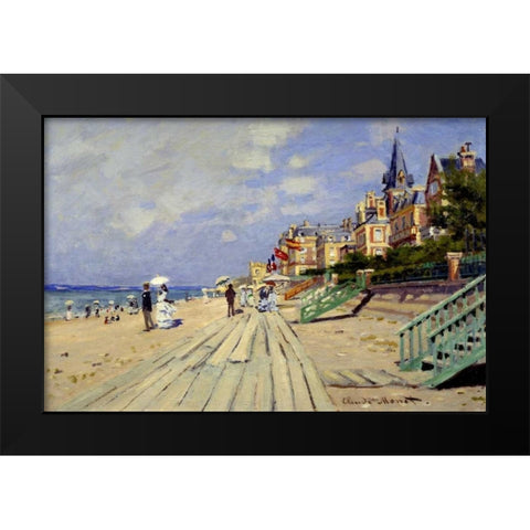 Plage de Trouville Black Modern Wood Framed Art Print by Monet, Claude