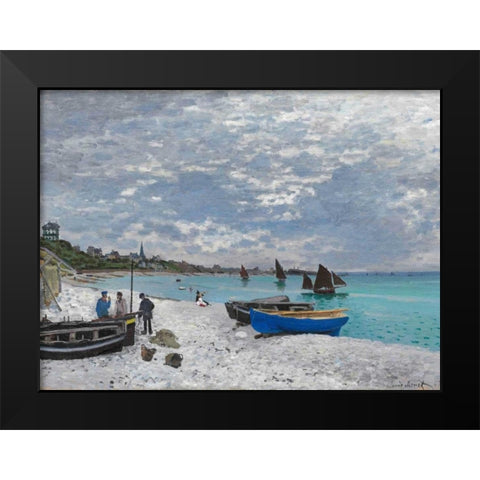 The Beach at Sainte-Adresse Black Modern Wood Framed Art Print by Monet, Claude