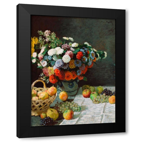Still life with flowers and fruit Black Modern Wood Framed Art Print by Monet, Claude