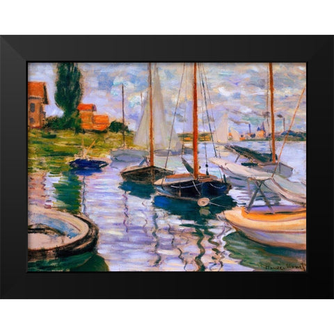 Voiliers sur la Seine Black Modern Wood Framed Art Print by Monet, Claude