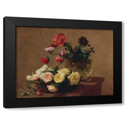 Poppies in a Crystal Vase and Roses in a Basket (detail) Black Modern Wood Framed Art Print by Fantin-Latour, Henri
