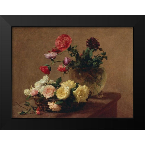 Poppies in a Crystal Vase and Roses in a Basket (detail) Black Modern Wood Framed Art Print by Fantin-Latour, Henri