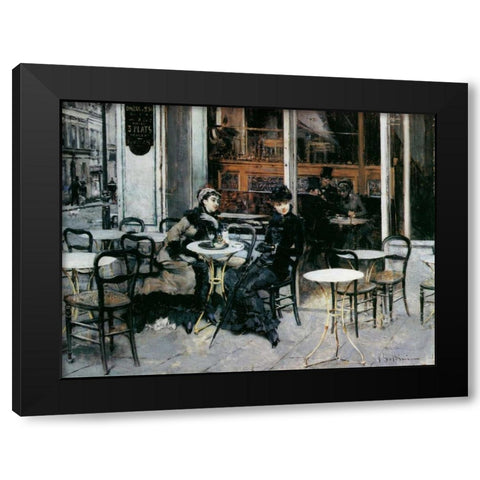 Conversazione al caffe Parigi Black Modern Wood Framed Art Print with Double Matting by Boldini, Giovanni