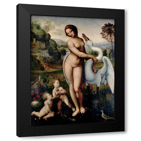 Leda and the Swan  Black Modern Wood Framed Art Print with Double Matting by After Leonardo Da Vinci