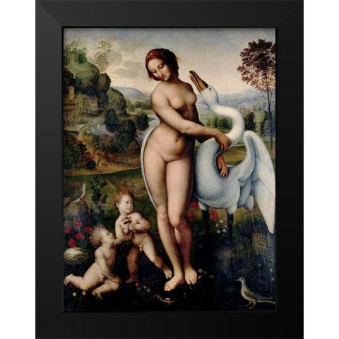 Leda and the Swan  Black Modern Wood Framed Art Print by After Leonardo Da Vinci