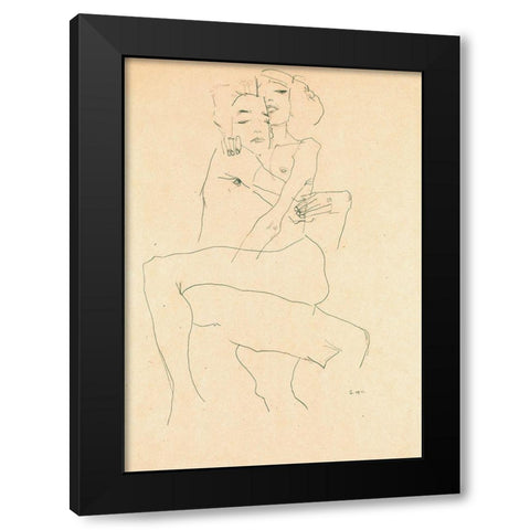 Couple Embracing Black Modern Wood Framed Art Print with Double Matting by Schiele, Egon