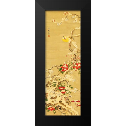 Bird among Camellias in Snow  Black Modern Wood Framed Art Print by Anonymous