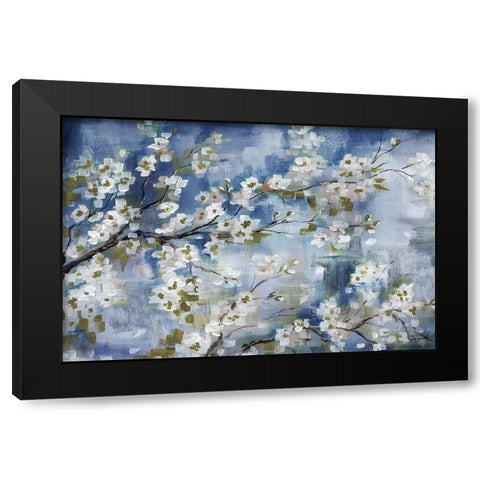 Cherry Blossoms Branch Blue and White landscape Black Modern Wood Framed Art Print with Double Matting by Tre Sorelle Studios