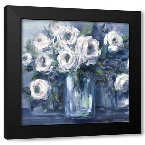 Indigo and White Blooms in Mason Jar Black Modern Wood Framed Art Print by Tre Sorelle Studios