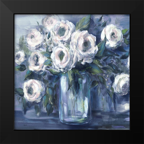 Indigo and White Blooms in Mason Jar Black Modern Wood Framed Art Print by Tre Sorelle Studios