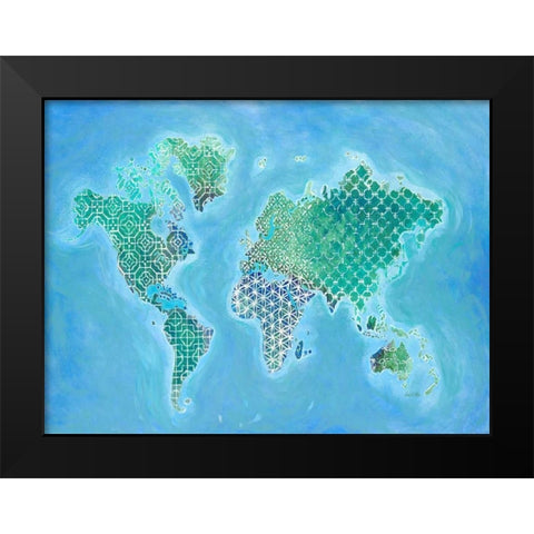 Global Patterned World Map Black Modern Wood Framed Art Print by Fisk, Arnie