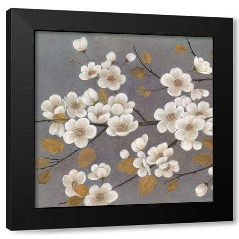 Gold Leaf Blossom Branch Square Black Modern Wood Framed Art Print with Double Matting by Ng, Crystal