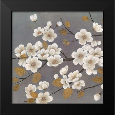 Gold Leaf Blossom Branch Square Black Modern Wood Framed Art Print by Ng, Crystal
