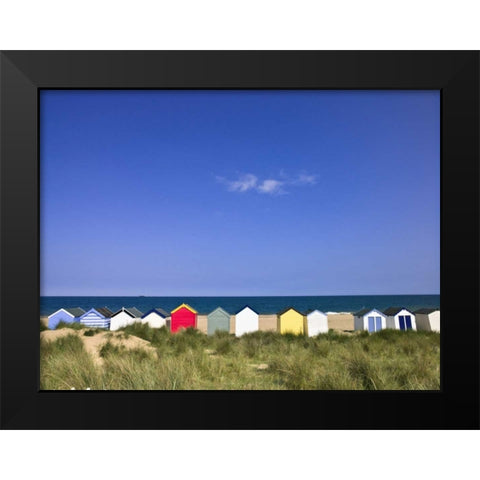 Wodden Fence at beach with huts in the Background Black Modern Wood Framed Art Print by Frank, Assaf