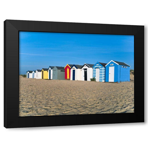 Beach huts in a row at sunrise Black Modern Wood Framed Art Print by Frank, Assaf