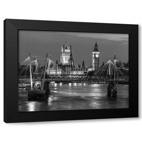 London-River Thames-Waterloo brigde and houses of parliment at night Black Modern Wood Framed Art Print with Double Matting by Frank, Assaf