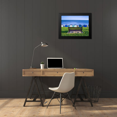 Bench on lawn with beach huts in background Black Modern Wood Framed Art Print by Frank, Assaf